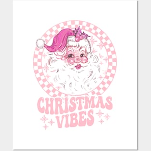 Pink Retro Santa Claus Christmas Vibes Checkerboard Pattern Posters and Art